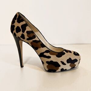 Brian Atwood Leopard Print Calf Hair Slip On Platform Pumps